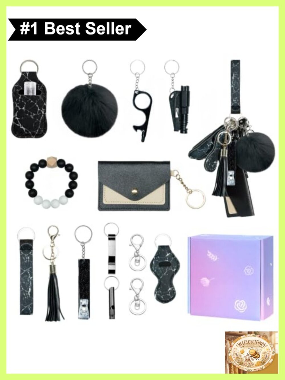 Women's Keychain Set Wristlet Strap Card Holder Pompom 11 Piece Kit